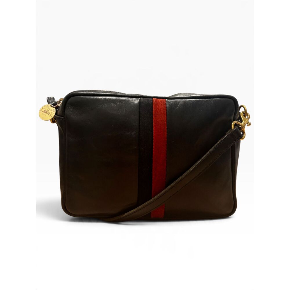 Clare V. Midi Sac Black Leather Navy Red Suede Stripe Crossbody Camera Bag
